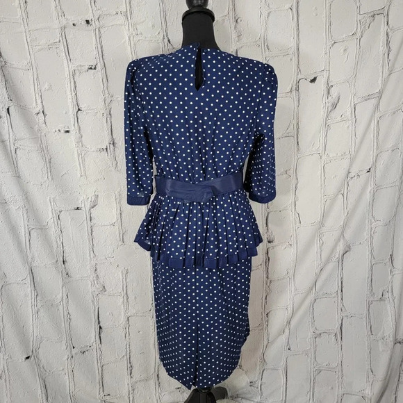 VINTAGE Retro‎ Navy Blue with White Polka Dot Modest Mid Length Peplum Dress 12 - Picture 5 of 8